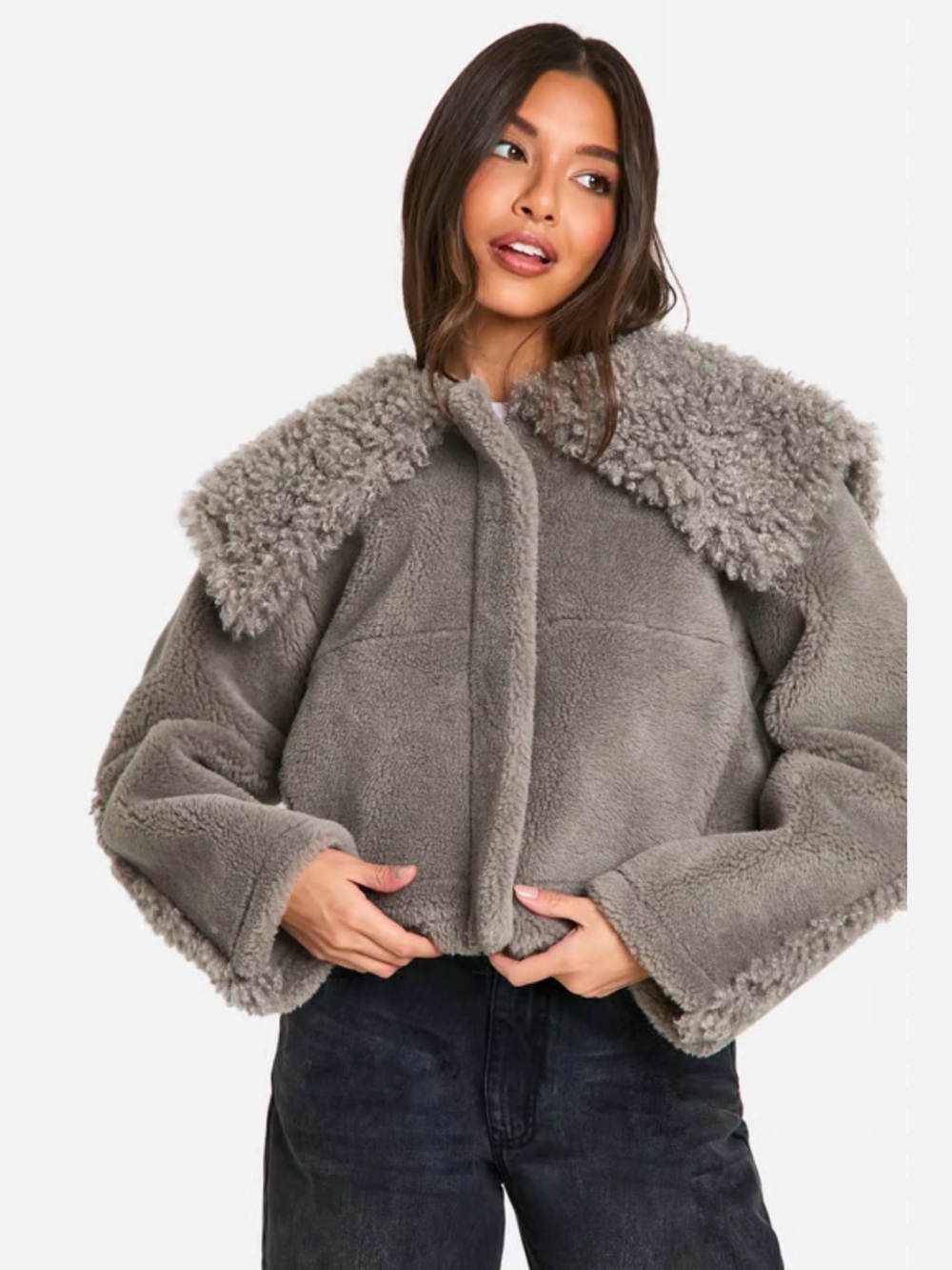 Boohoo Faux Shearling Cropped Jacket - Grey